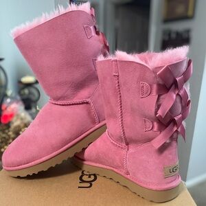 UGG Fuchsia Suede Boots with Ribbon Accents